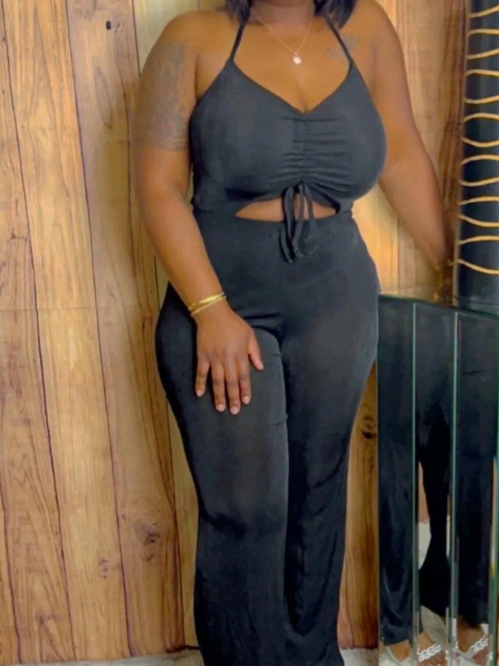 Ruched Cutout Wide-Leg Jumpsuit - Black